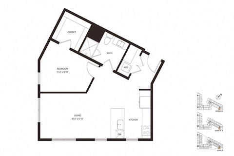 Floor plan for 1 bed, 1 bath, 797 sqft